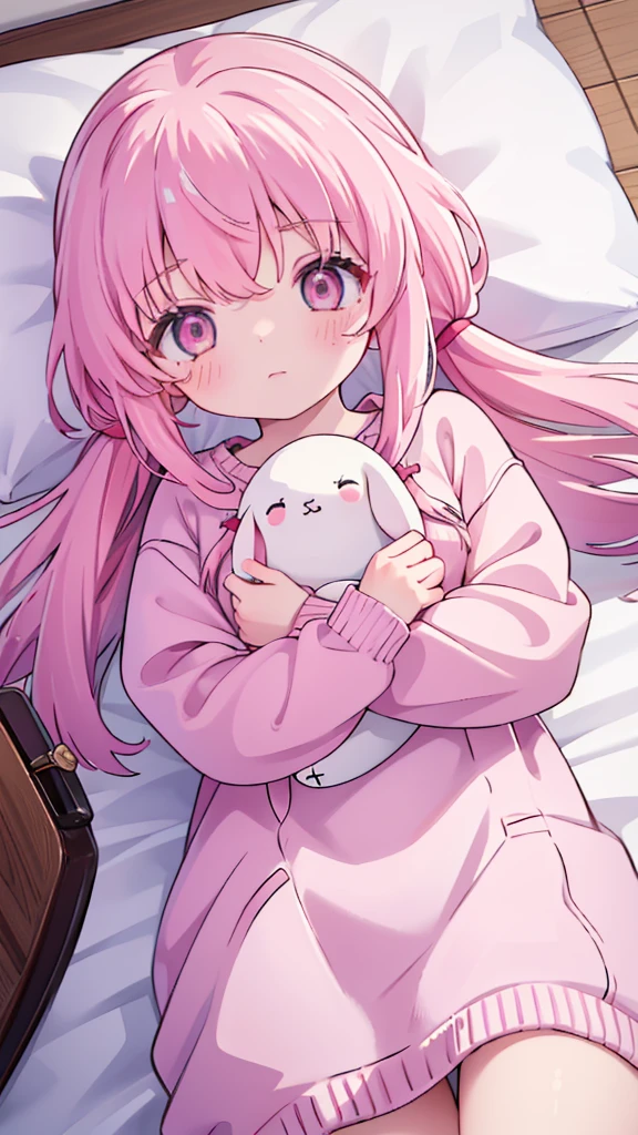 1girl solo pink hair, pink eyes with love, detailed eyes, cute eyes, straight hair, long hair, straight bangs, shiny hair, oversized white comfy sweater, hugging a stuffed toy bunny sleeping, closed eyes, sleeping side way on a white bed with a pink pillow, dark beacause its night, the only thing that have light is the lamp, high-definition,masterpiece, masterpiece, best quality, high resolution, aabeta, cute, close up photo(PastelColors: 1.3)