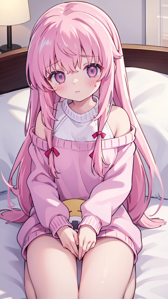 1girl solo pink hair, pink eyes with love, detailed eyes, cute eyes, straight hair, long hair, straight bangs, shiny hair, oversized white comfy sweater, hugging a stuffed toy bunny sleeping, closed eyes, sleeping side way on a white bed with a pink pillow, dark beacause its night, the only thing that have light is the lamp, high-definition,masterpiece, masterpiece, best quality, high resolution, aabeta, cute, close up photo(PastelColors: 1.3)