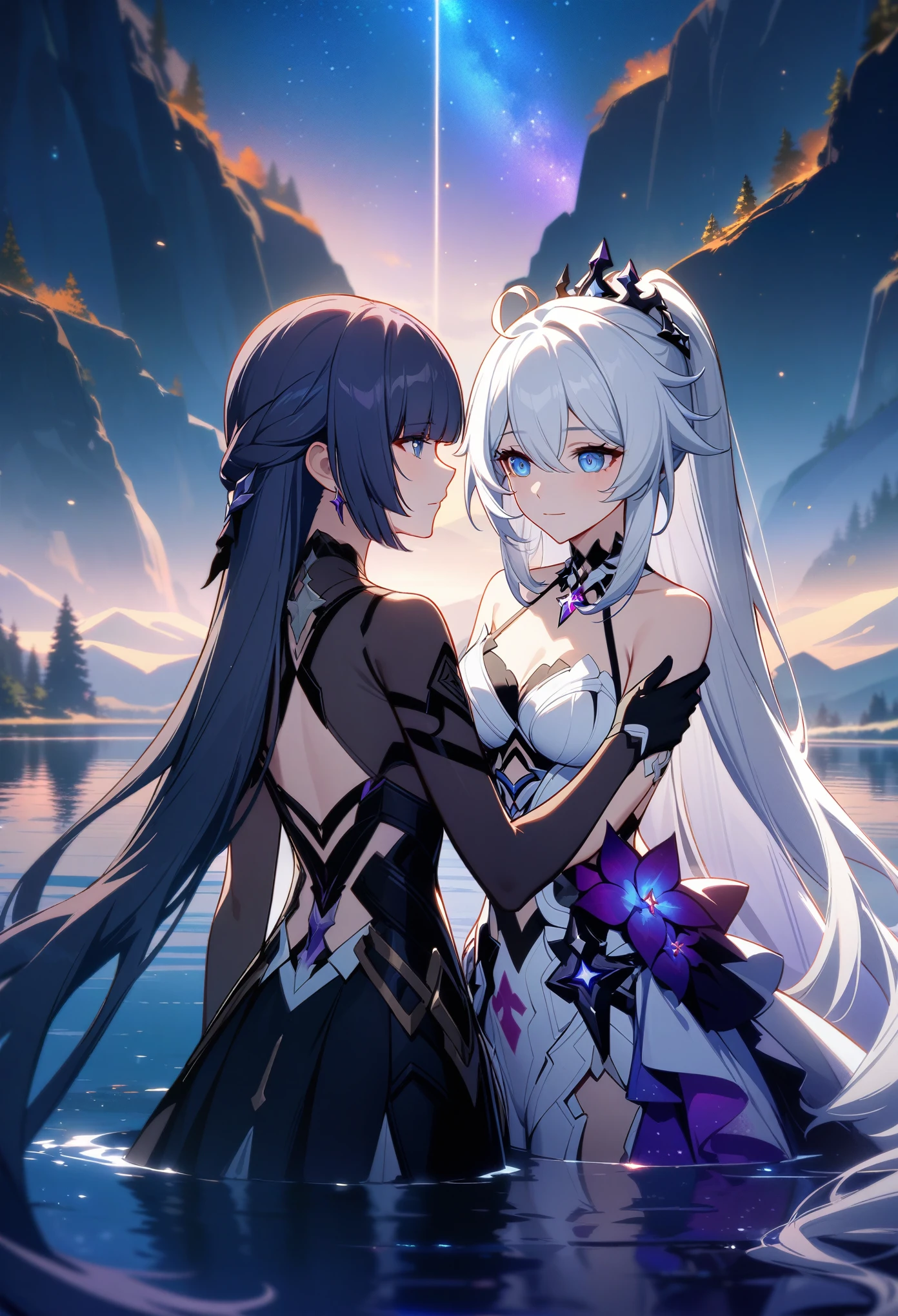 a beautiful detailed yuri scene of 2girls, Kiana Kaslana \(Herrscher of Finality)\ and Raiden Mei \(APHO)\, (Honkai Impact 3rd), very long hair, ponytail, in a scenic landscape with mountains, a lake, and a starry nebula sky, romantic atmosphere, head another's shoulders, (best quality,4k,8k,highres,masterpiece:1.2),ultra-detailed, studio lighting, extremely detailed environment, vibrant colors, cinematic lighting