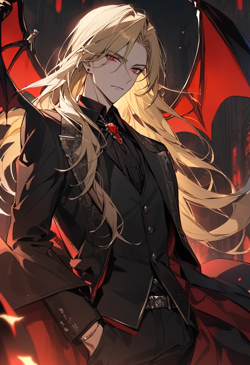 Only one man, Very handsome men, Blonde Long Hairstyles, Red eyes, Wearing a black suit and black wings, Vampire atmosphere