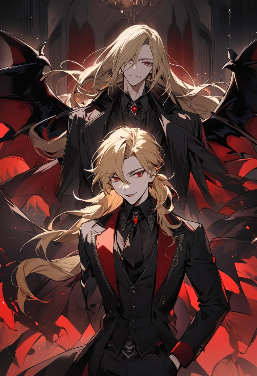 Only one man, Very handsome men, Blonde Long Hairstyles, Red eyes, Wearing a black suit and black wings, Vampire atmosphere