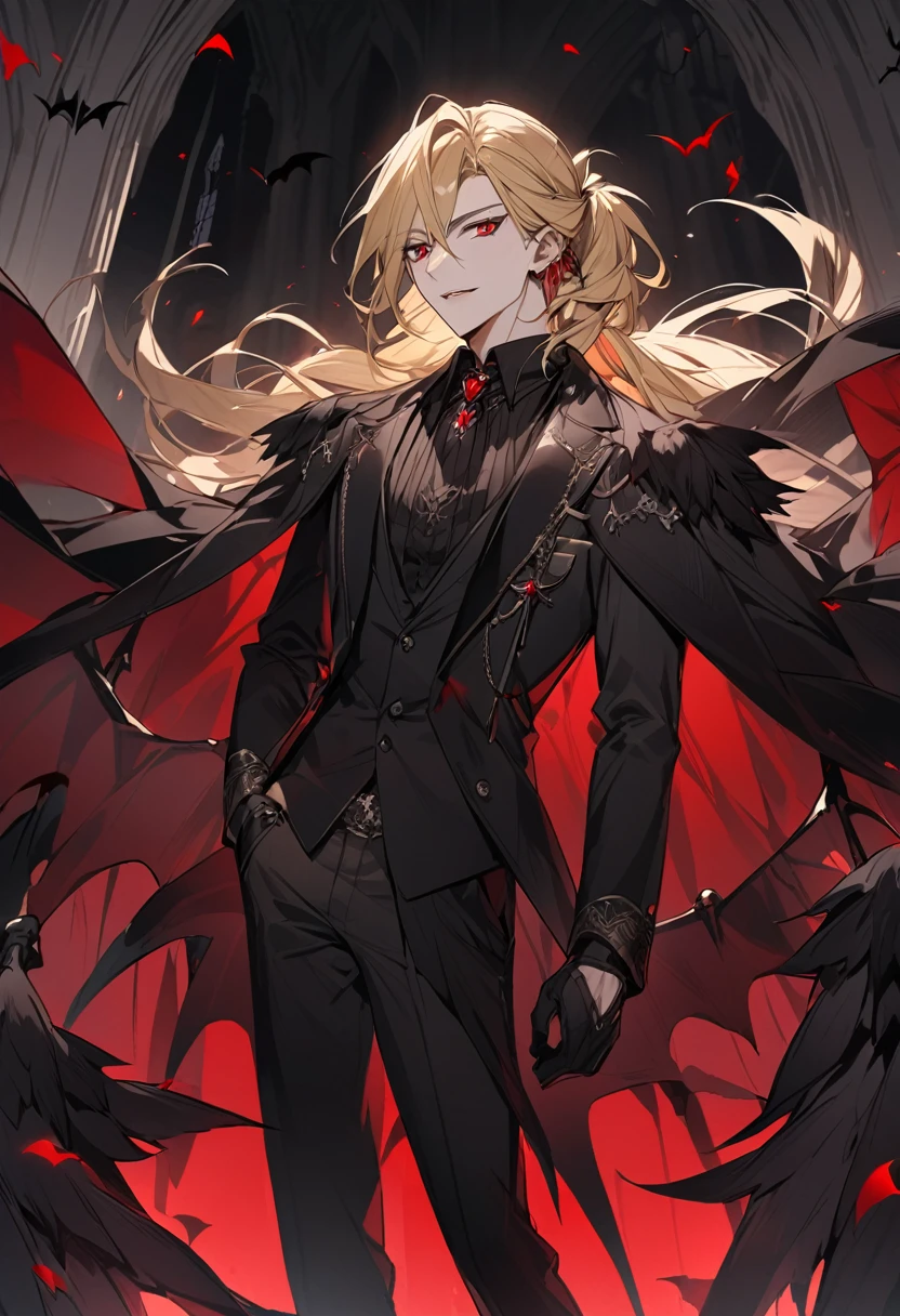 Only one man, Very handsome men, Blonde Long Hairstyles, Red eyes, Wearing a black suit and black wings, Vampire atmosphere