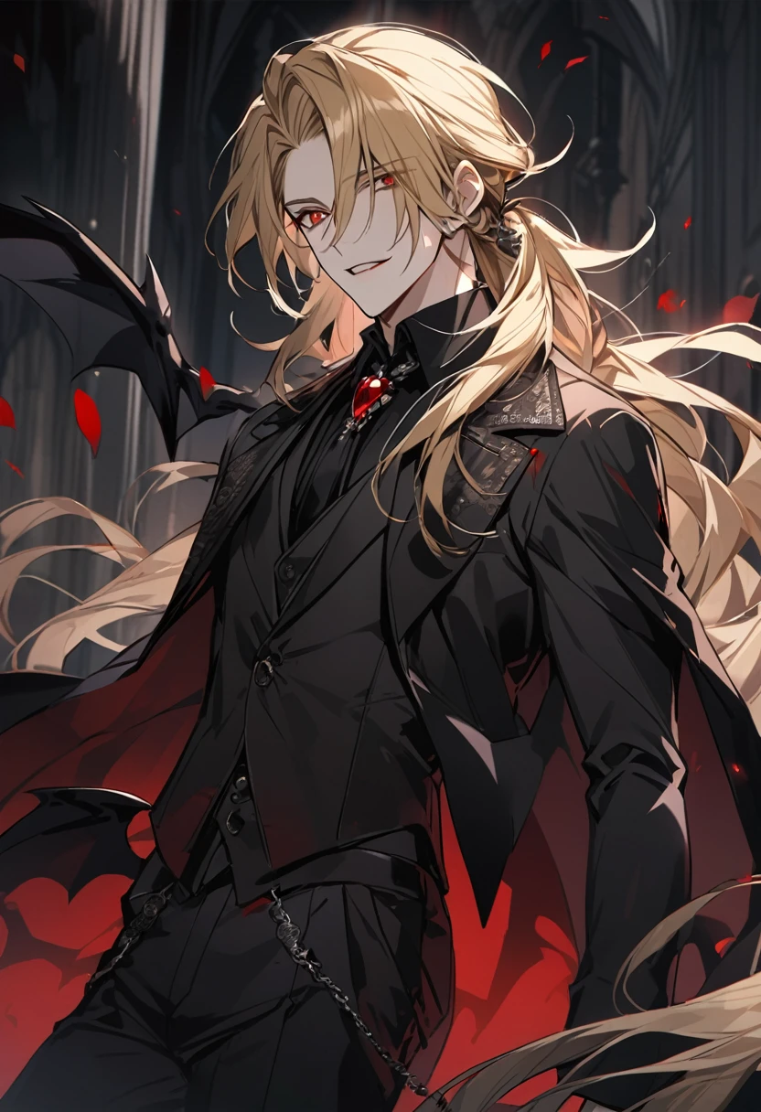 Only one man, Very handsome men, Blonde Long Hairstyles, Red eyes, Wearing a black suit and black wings, Vampire atmosphere