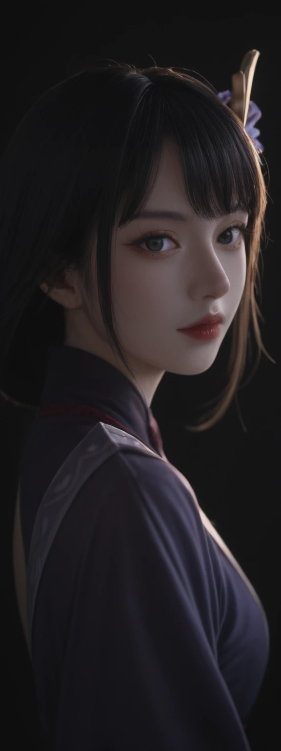 realistic, score_9, score_8_up, score_7_up, score_6_up,
1girl, solo, from front, upper body, Raiden Shogun \(genshin impact\), black background, makeup, sidelighting, backlighting, glowing,