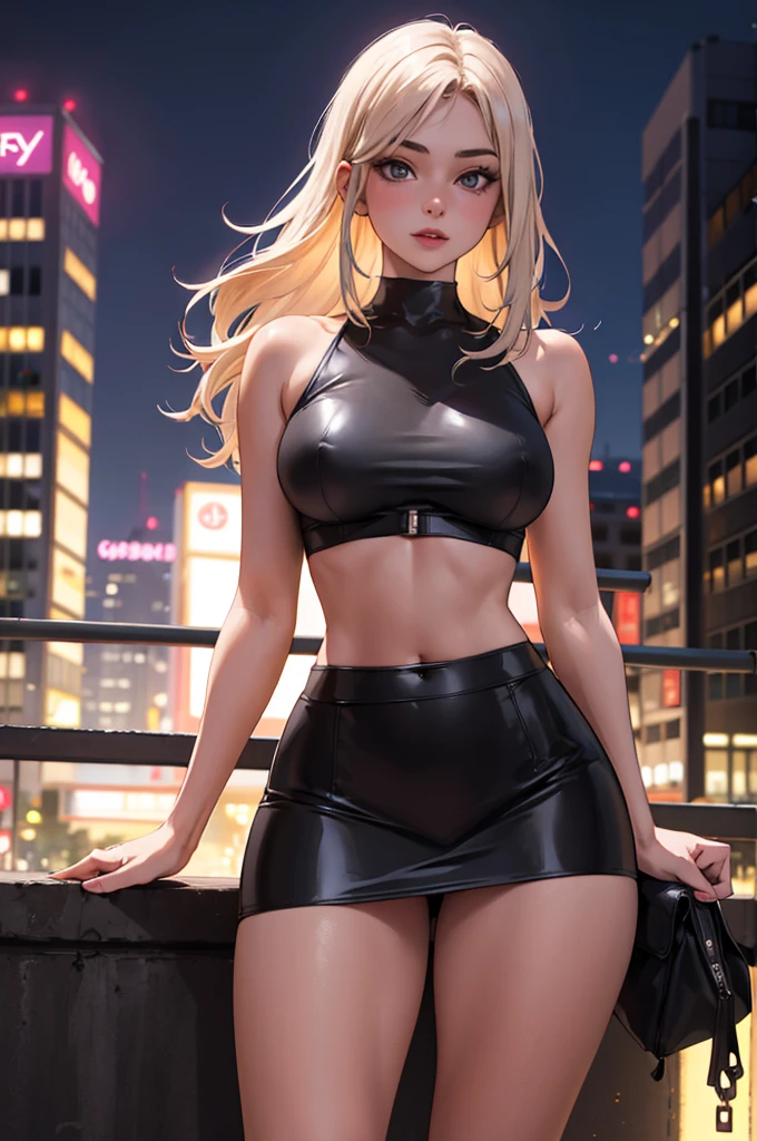 masterpiece, best quality, shadows, perfect hands, perfect legs, perfect anatomy, pretty face, mature features, 1 girl, 21 years old, MILF, mature woman, tight crop top, sexy leather skirt, city night background, white long hair, thighs, ass, breast, seductive, spicy, posing, cinematography lights,