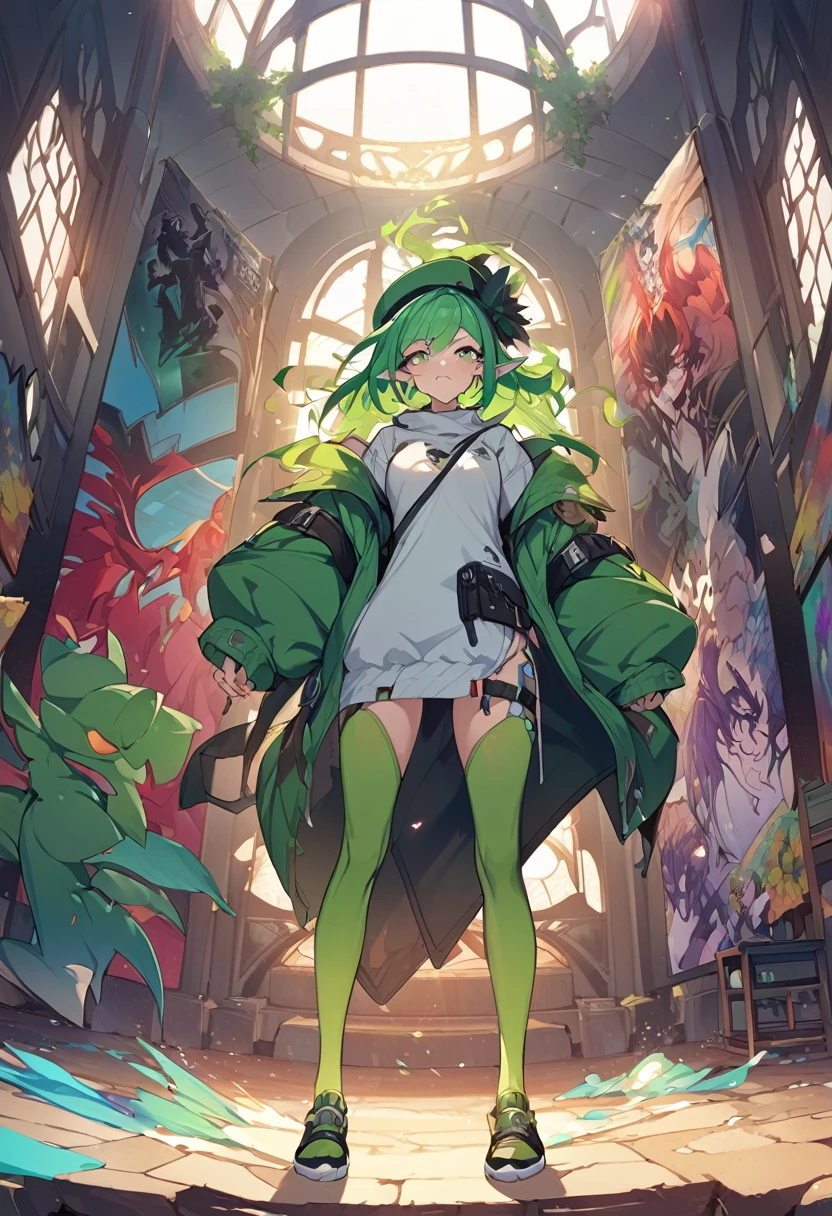 masterpiece, A girl with green hair and a green hat is standing in a room, Splash Art, Style Art Germ, Elf Girl, Renji Murata and Artgerm, Artjam Lau, Bibby, Art James&#39; Style, League of Legends style, Luan Jia and ArtJam, Artgerm Style, ! Dream Art Germ