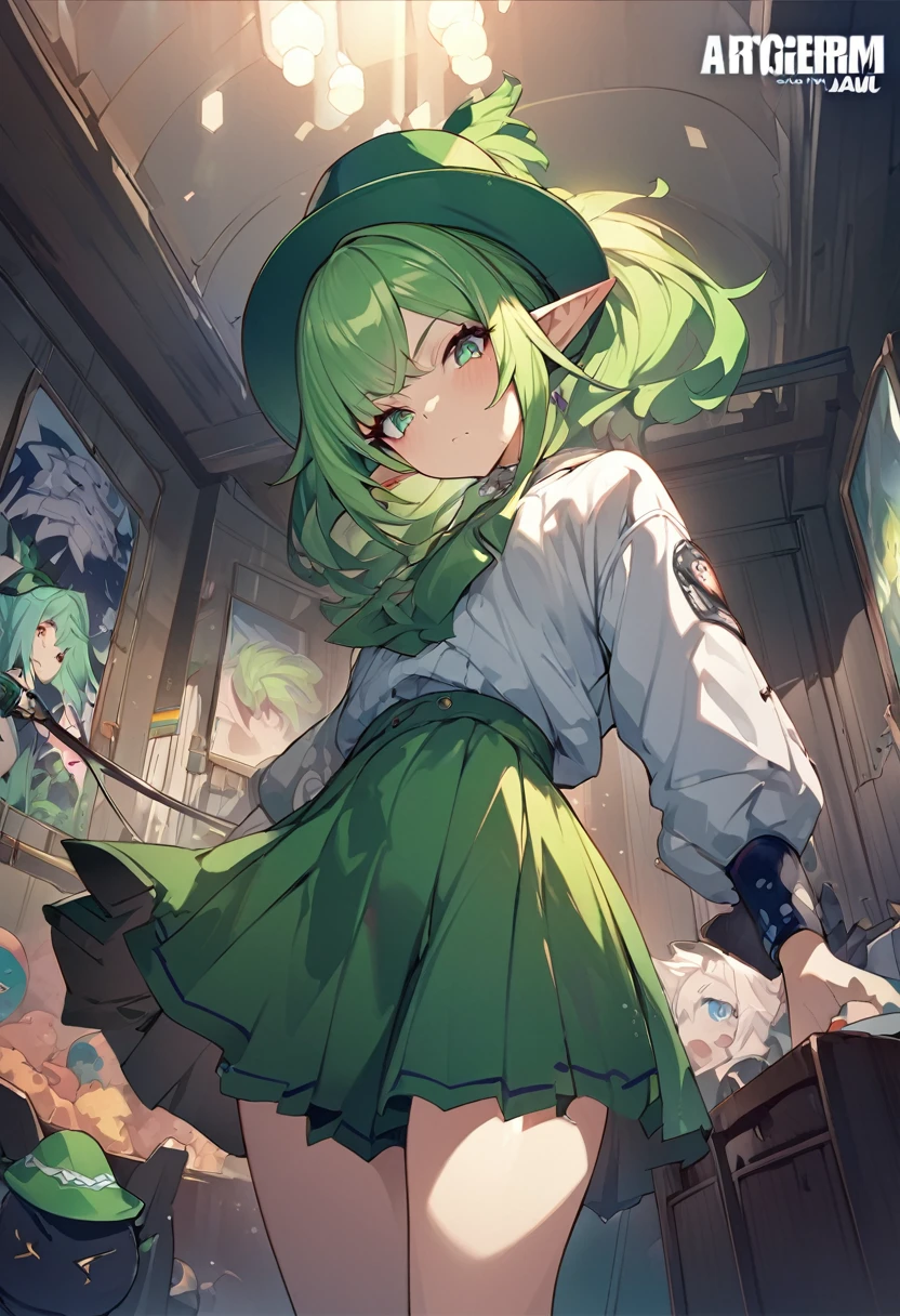 masterpiece, A girl with green hair and a green hat is standing in a room, Splash Art, Style Art Germ, Elf Girl, Renji Murata and Artgerm, Artjam Lau, Bibby, Art James' Style, League of Legends style, Luan Jia and ArtJam, Artgerm Style, ! Dream Art Germ