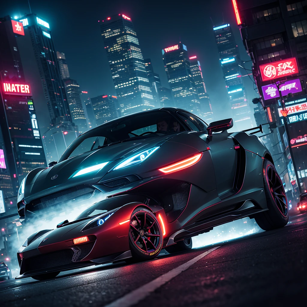 "Cover of the track drift phonk depicting a fast sports car drifting around a bend. The background is a futuristic city at night with neon lights and tall skyscrapers. There are reflections of lights on the street and smoke rising from under the wheels. The art style should be dynamic and neon, with intense colors and contrasts, conveying the energy and atmosphere of night driving. A slightly dystopian, cyberpunk atmosphere"
