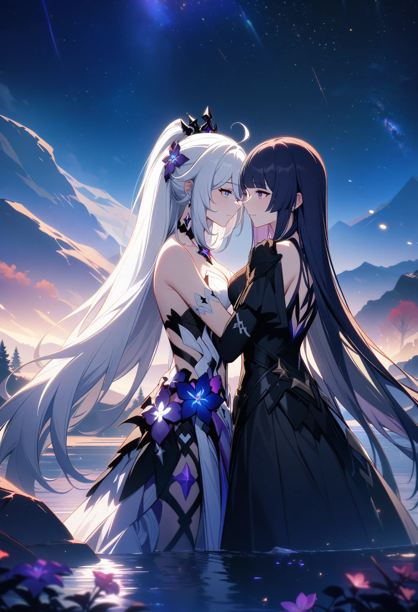 a beautiful detailed yuri scene of 2girls, Kiana Kaslana \(Herrscher of Finality)\ and Raiden Mei \(APHO)\, (Honkai Impact 3rd), very long hair, ponytail, in a scenic landscape with mountains, a lake, and a starry nebula sky, romantic atmosphere, head another's shoulders, (best quality,4k,8k,highres,masterpiece:1.2),ultra-detailed, studio lighting, extremely detailed environment, vibrant colors, cinematic lighting