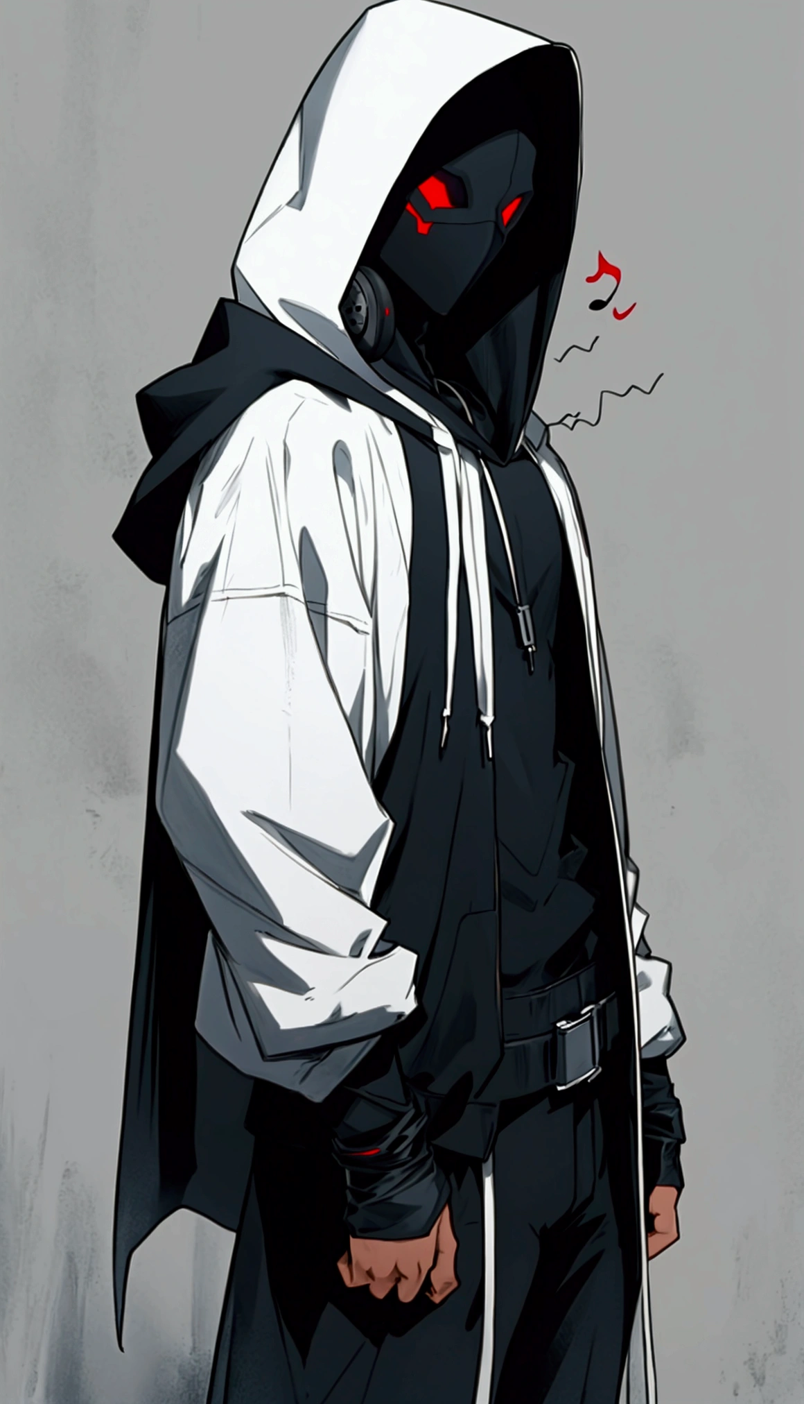 In a frontal pose, a mysterious man stands against a dark and mysterious background. His white hood and mask give him an air of secrecy., while your headphones suggest the music that keeps you company in this dark world. INFO