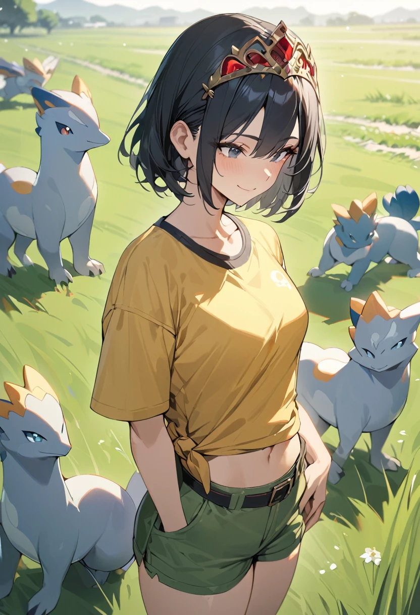 masterpiece, Highest quality, High resolution, Calm 1, 1 girl, Calm 1, 1 girl, Calm (Pokemon), alone, Grey Eyes, Black Hair, green Shorts, Red Tiara, shirt, tied shirt,, short hair, Short sleeve, Shorts, stripe, yellow shirt, belt, Middle class shooting, Grass, Field, smile, Are standing,