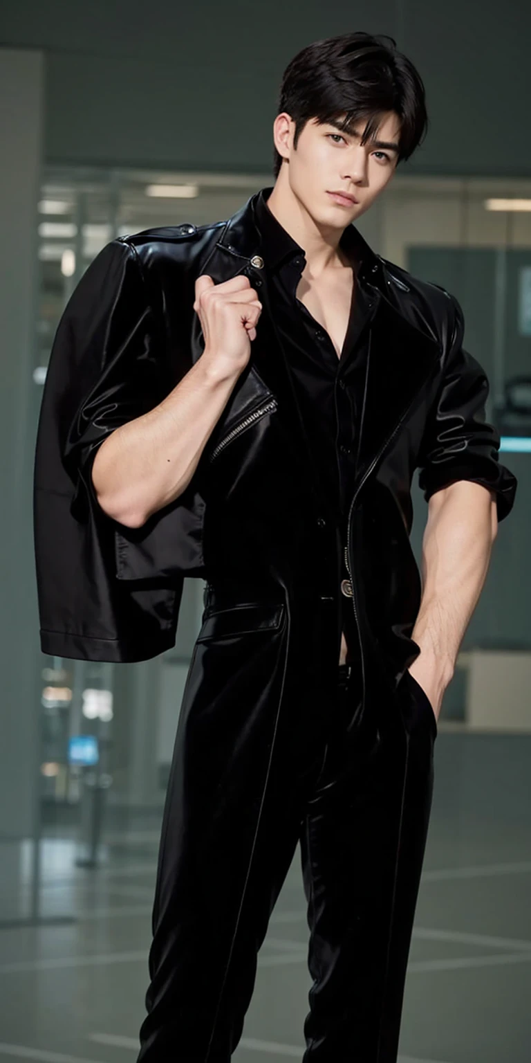 at office,wearing black leather coat,two block haircut, Attractive man,Live-action photo,Handsome and sunny,(SLR effect,Reality,8K,Hyper-detailing,Absolute realism)