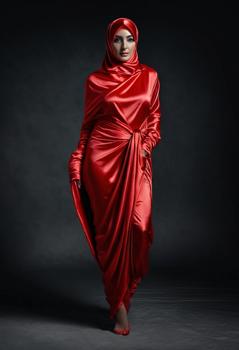 a woman covered in large red satin cloth, tied tight with the satin cloth, mummified in satin, very long cloth, tight in leg, wearing a satin hijab, the satin cloth is very wide, forming the curve of the body, strugle to move,full body,masterpice, 4k resolution, ultra-realistic, highly detail.