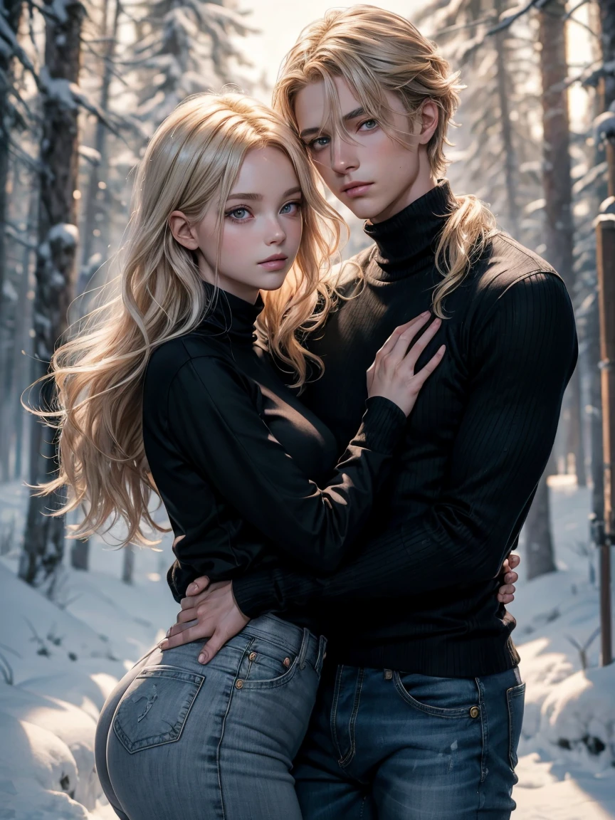 Couple, 1 girl with blonde hair girl, wavy hair, 1 boy with young blonde boy fantasy thief, no bangs, grey eyes. Turtleneck jumper and jeans. black t shirt and jeans, height different, detailed eyes, eyes contact, face, hand. They look at the viewer. They hug. with snow. Full figure. Background snow forest, couple