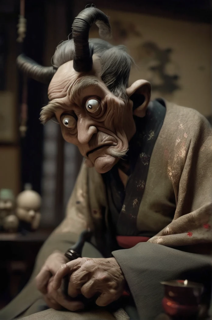 Inside the Japanese-style room、Sitting and holding a pipe、profile、A thin old man wearing a kimono、Big headed monster、Shallow depth of field, Vignette, Very detailed, High budget, Bokeh, CinemaScope, Sulky, amazing, nice, Film Grain, granular . Creepy, Anxious, dark, Creepyな, Suspenseful, strict, Very detailed