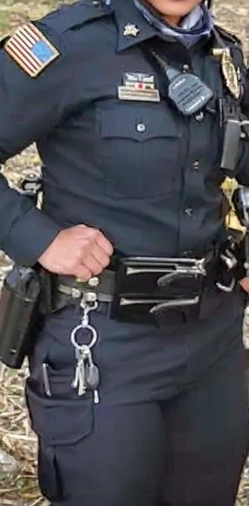 A hot thick muscular sweet sexy Asian American female police officer of the Tonka City police department All dressed in her dark police uniform 🥋 and she is posing for a professional photo op with the Tonka telegram for the community.