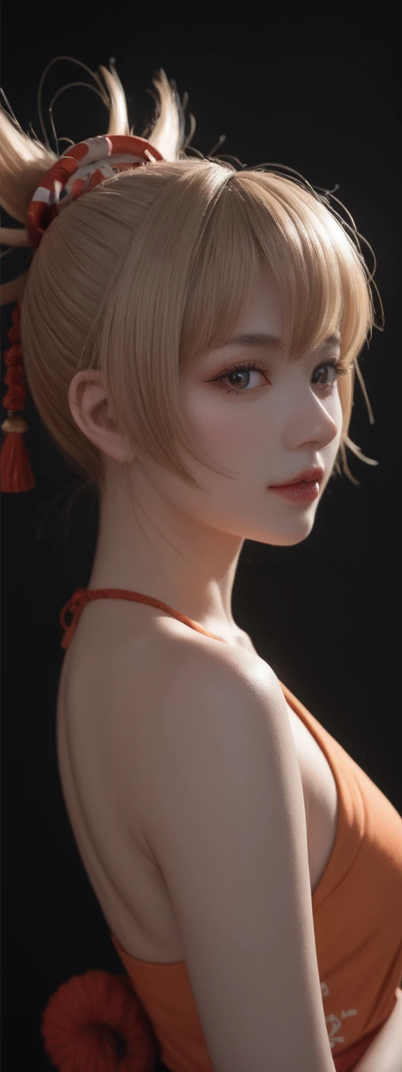 cinematic film, Realistic photograph,realistic, score_9, score_8_up, score_7_up, score_6_up,
1girl, solo, from front, upper body, Yoimiya \(genshin impact\), black background, makeup, sidelighting, backlighting, glowing,