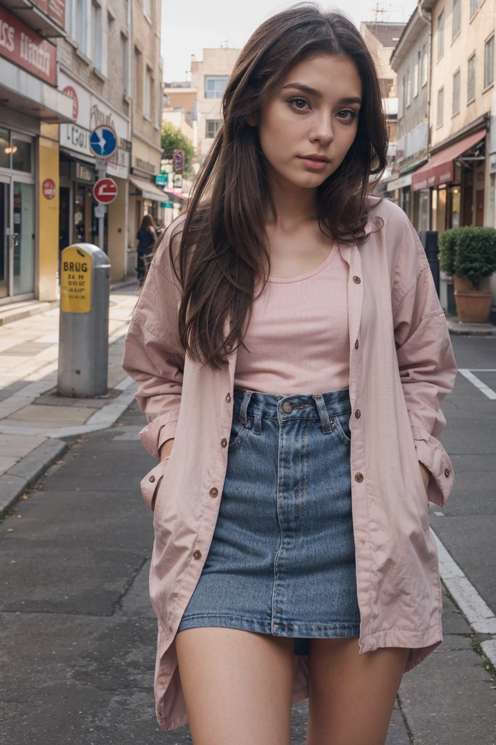 Realistic photo, 1girl, 20 years old, dark brown hair, Pink Strand, e-girl makeup, casual clothes