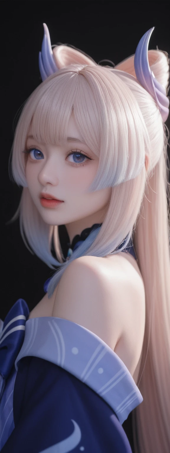 realistic, score_9, score_8_up, score_7_up, score_6_up,
 1girl, solo, from front, upper body, Sangonomiya Kokomi  \(genshin impact\), black background, makeup, sidelighting, backlighting, glowing,
