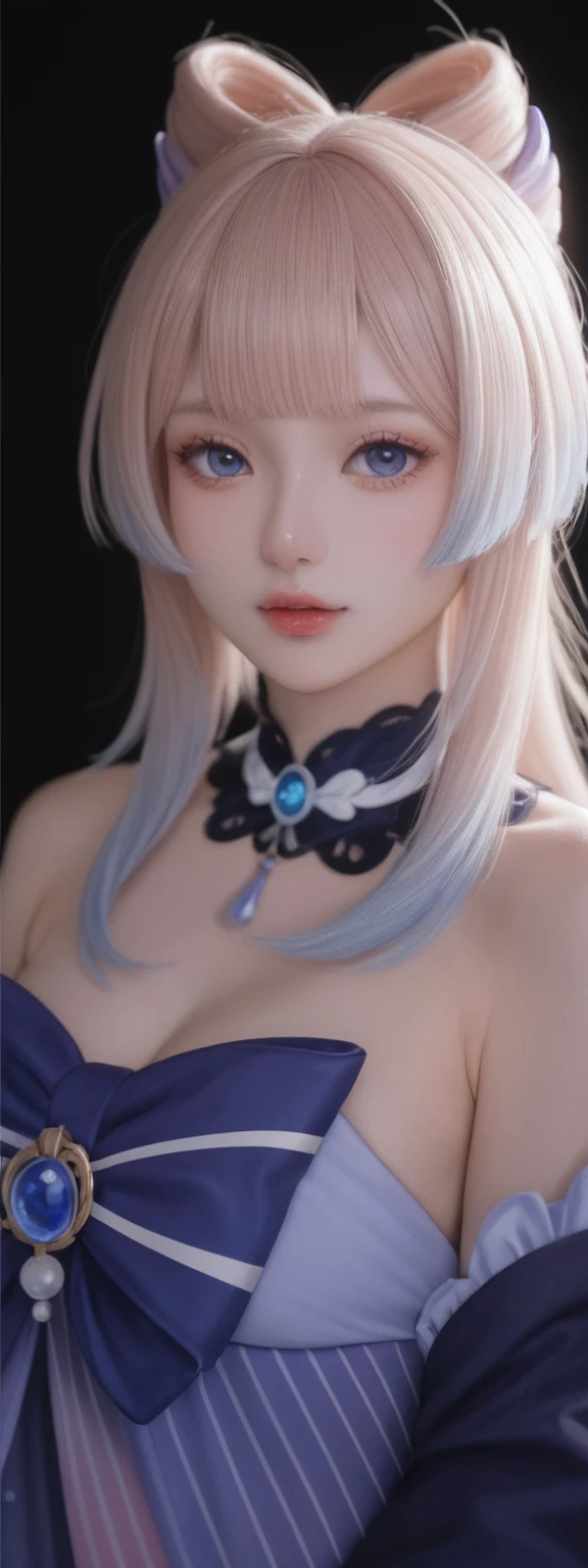 realistic, score_9, score_8_up, score_7_up, score_6_up,
 1girl, solo, from front, upper body, Sangonomiya Kokomi  \(genshin impact\), black background, makeup, sidelighting, backlighting, glowing,