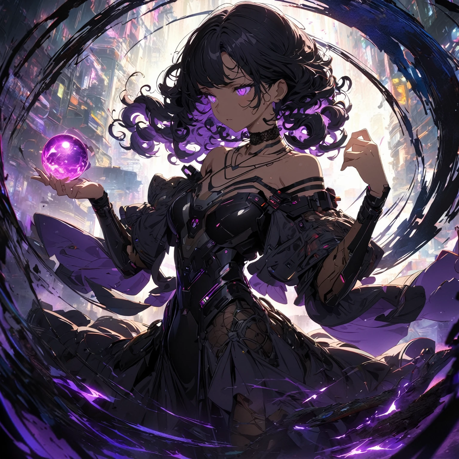 A young woman with dark, curly hair, wearing a black, off-shoulder dress with lace and intricate details, (nude:0.9), a choker necklace, elements of cyberpunk, and sci-fi fashion, mechanical details, futuristic outfit, high-tech fashion, standing in a mysterious environment with a glowing, swirling purple and black aura, holding a glowing purple orb in her left hand, with energy swirling around her, casting dramatic shadows, and a soft backlight illuminating her figure, detailed gorgeous face| anime style| key visual| intricate detail| highly detailed| breathtaking| vibrant| panoramic| cinematic| Carne Griffiths| Conrad Roset| gibbli 8k