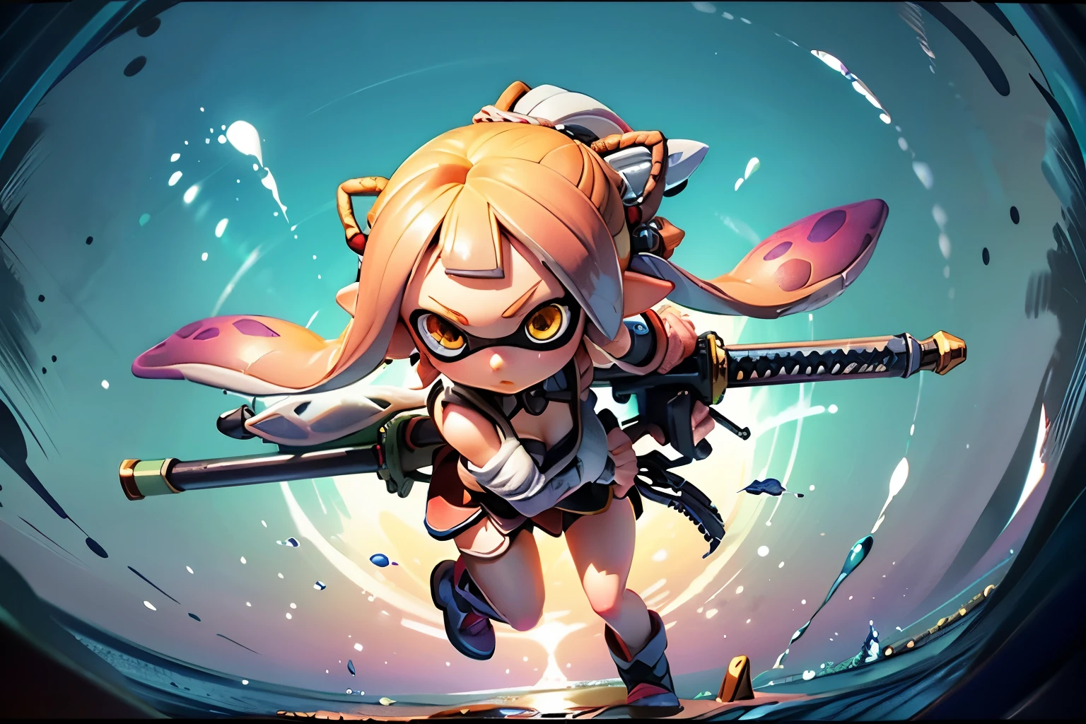 1 Splatoon girl, gigantic breast、Golden Eyes、Rock costumes、,,
Iaidou,arms, knife, Holding a sword, Ready to draw, sheathに収められた, 抜knife, sheath, Combat Stance, battoujutsu stance,
From above, Fisheye Lens, Looking down, Watery eye, workplace, Mouth closed,
masterpiece, Highest quality, Real Anime、3d、so beautiful, Absurd、Dynamic pose with legs open、actionshot、action shot、