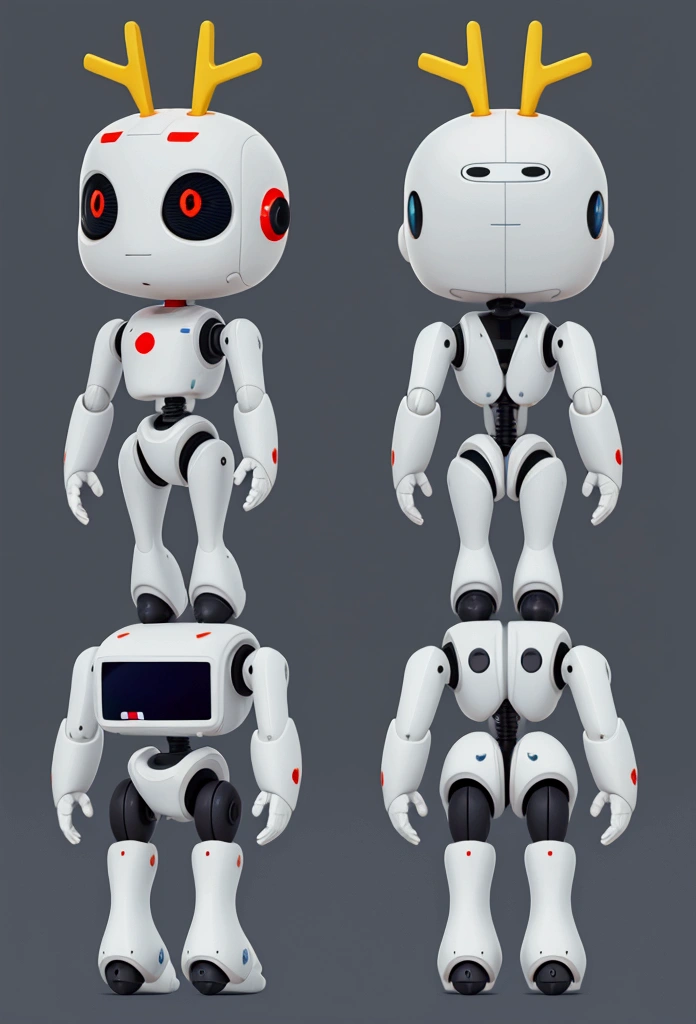 small tender robot like wally-e , short legs, reactangular rectangular head with eyes ((front, side, back views of the same character)) , white background 