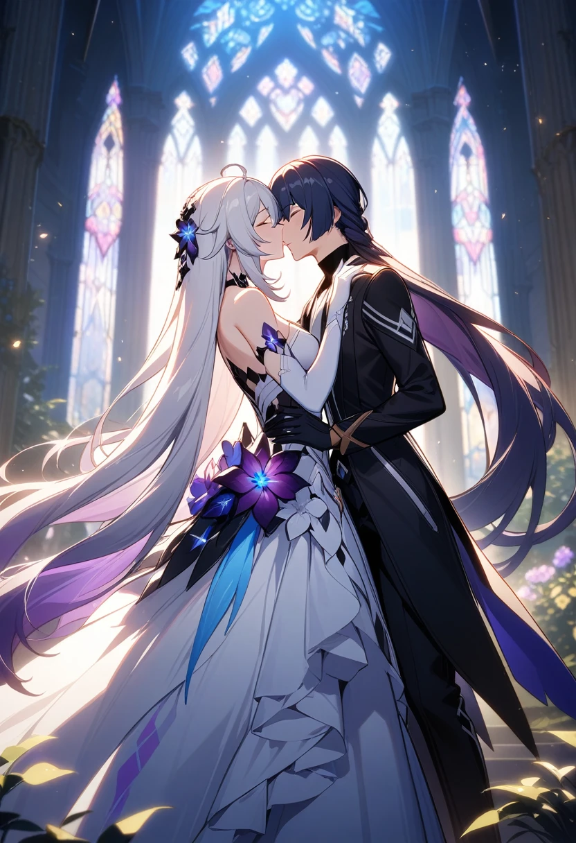 a beautiful detailed yuri scene of 2girls, Kiana Kaslana \(Herrscher of Finality)\ and Raiden Mei \(APHO)\, (Honkai Impact 3rd), very long hair, ponytail, in a scenic cathedral on their wedding day, both of them wearing a wedding dress, romantic atmosphere, happy, kiss, (best quality,4k,8k,highres,masterpiece:1.2),ultra-detailed, studio lighting, extremely detailed environment, vibrant colors, cinematic lighting