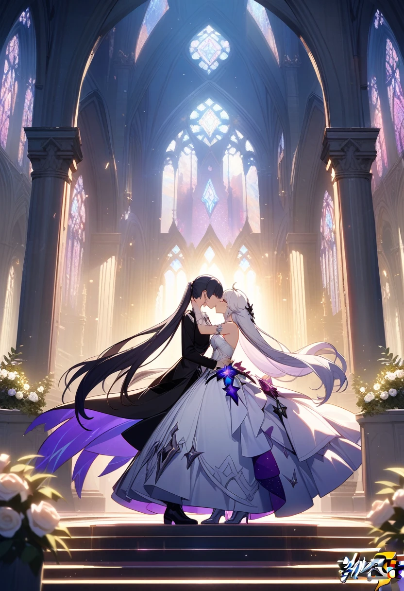 a beautiful detailed yuri scene of 2girls, Kiana Kaslana \(Herrscher of Finality)\ and Raiden Mei \(APHO)\, (Honkai Impact 3rd), very long hair, ponytail, in a scenic cathedral on their wedding day, both of them wearing a wedding dress, romantic atmosphere, happy, kiss, (best quality,4k,8k,highres,masterpiece:1.2),ultra-detailed, studio lighting, extremely detailed environment, vibrant colors, cinematic lighting