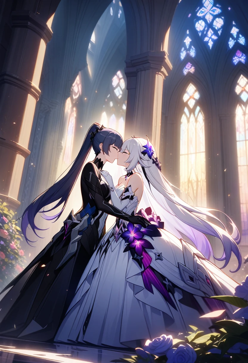a beautiful detailed yuri scene of 2girls, Kiana Kaslana \(Herrscher of Finality)\ and Raiden Mei \(APHO)\, (Honkai Impact 3rd), very long hair, ponytail, in a scenic cathedral on their wedding day, both of them wearing a wedding dress, romantic atmosphere, happy, kiss, (best quality,4k,8k,highres,masterpiece:1.2),ultra-detailed, studio lighting, extremely detailed environment, vibrant colors, cinematic lighting