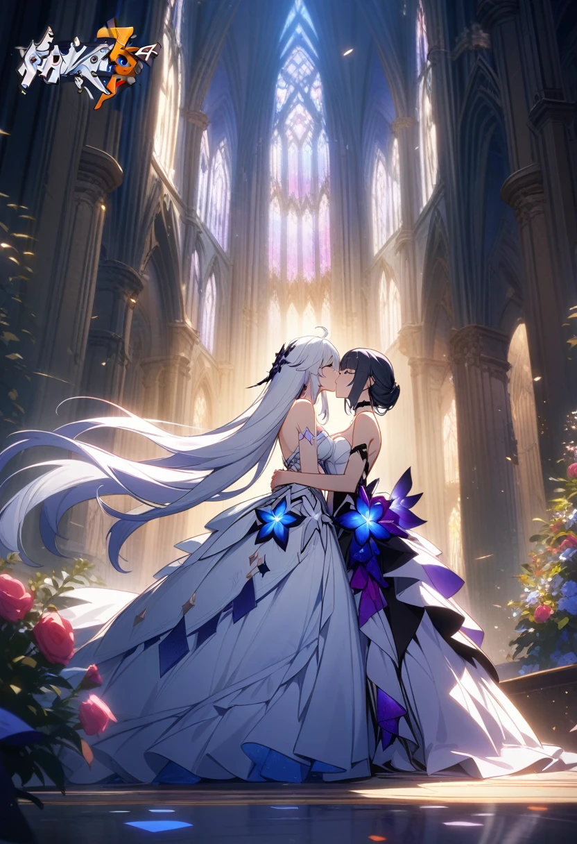 a beautiful detailed yuri scene of 2girls, Kiana Kaslana \(Herrscher of Finality)\ and Raiden Mei \(APHO)\, (Honkai Impact 3rd), very long hair, ponytail, in a scenic cathedral on their wedding day, both of them wearing a wedding dress, romantic atmosphere, happy, kiss, (best quality,4k,8k,highres,masterpiece:1.2),ultra-detailed, studio lighting, extremely detailed environment, vibrant colors, cinematic lighting
