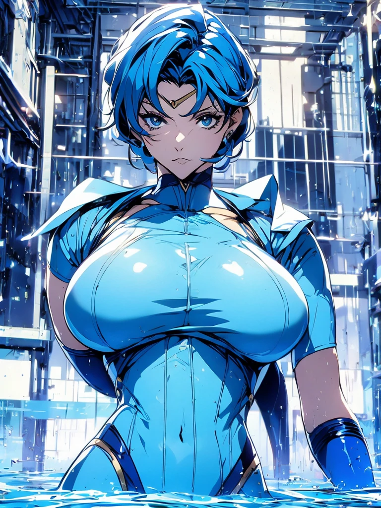 Sailor mercury in full police suit,long blue hair,Blue Power Ranger, hurricane ,Sexy goth woman big breast, character sheet,inside a pool,High Resolution, Large breasts, cyber samurai,
