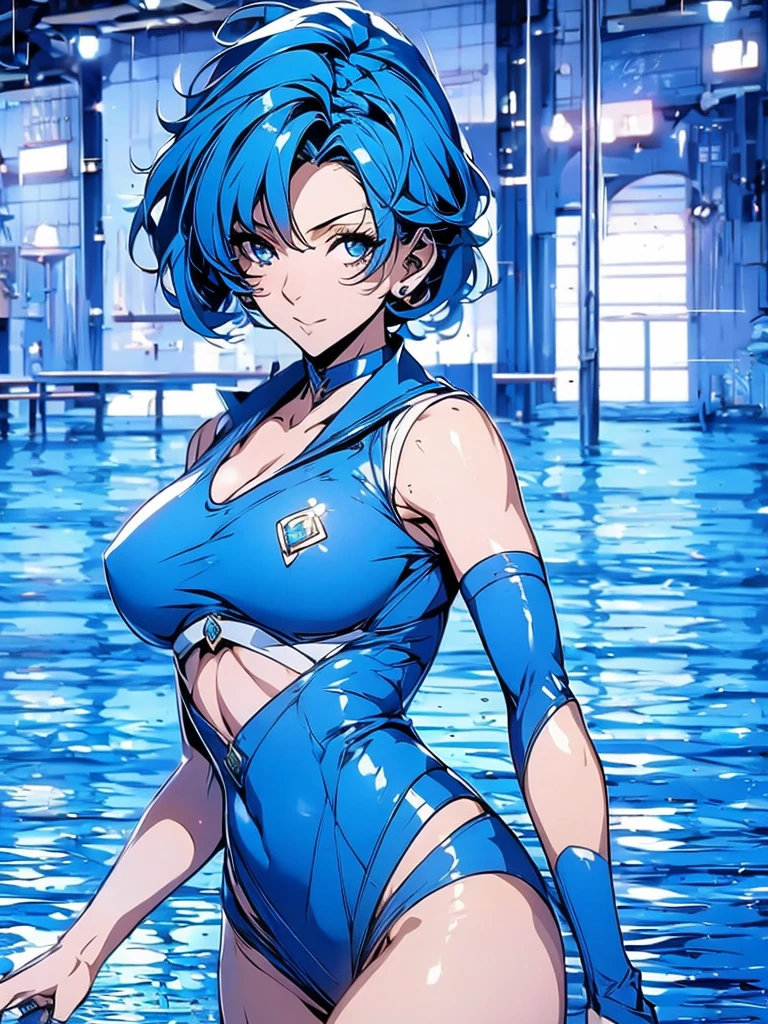 Sailor mercury in full police suit,long blue hair,Blue Power Ranger, hurricane ,Sexy goth woman big breast, character sheet,inside a pool,High Resolution, Large breasts, cyber samurai,
