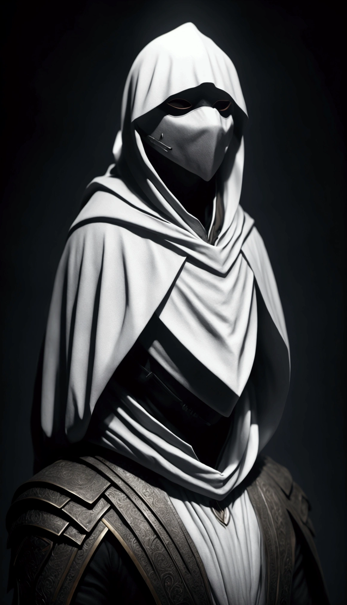 In a frontal pose, a mysterious man stands against a dark and mysterious background. His white hood and mask give him an air of secrecy., while your headphones suggest the music that keeps you company in this dark world. INFO