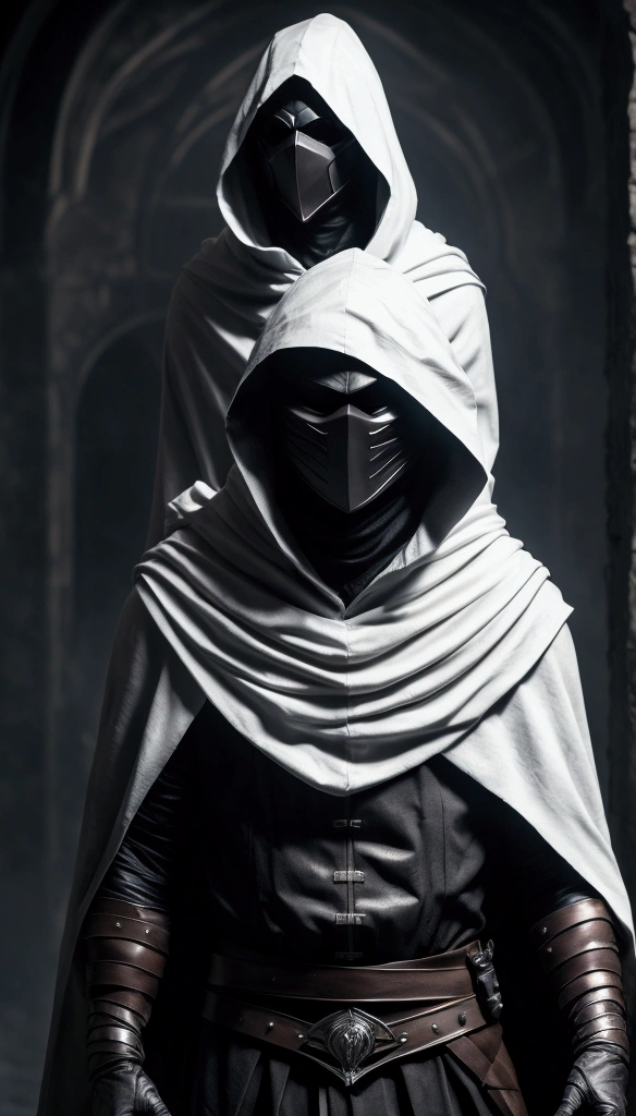 In a frontal pose, a mysterious man stands against a dark and mysterious background. His white hood and mask give him an air of secrecy., while your headphones suggest the music that keeps you company in this dark world. INFO