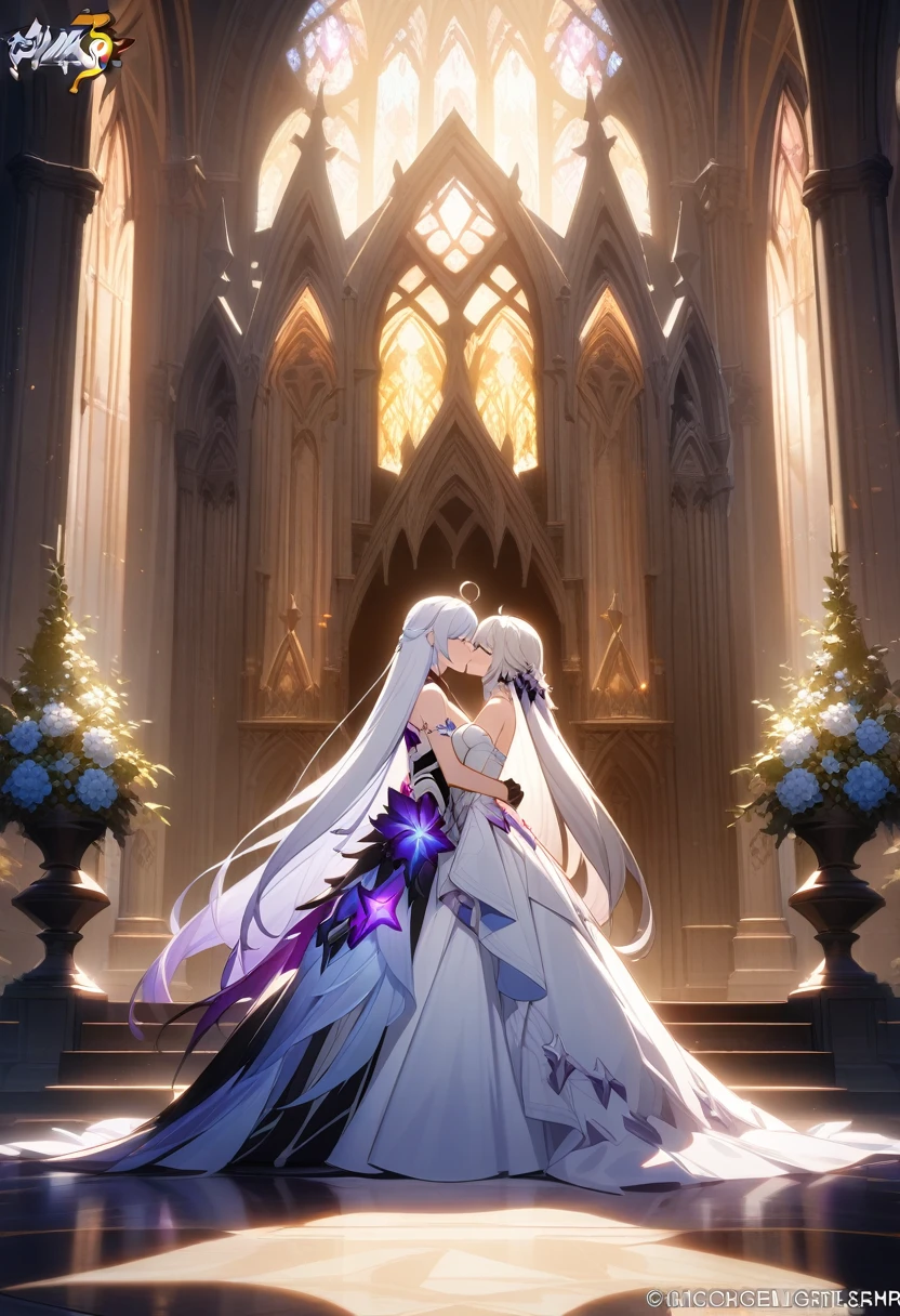 a beautiful detailed yuri scene of 2girls, Kiana Kaslana \(Herrscher of Finality)\ and Raiden Mei \(APHO)\, (Honkai Impact 3rd), very long hair, ponytail, in a scenic cathedral on their wedding day, both of them wearing a wedding dress, romantic atmosphere, happy, kiss, (best quality,4k,8k,highres,masterpiece:1.2),ultra-detailed, studio lighting, extremely detailed environment, vibrant colors, cinematic lighting