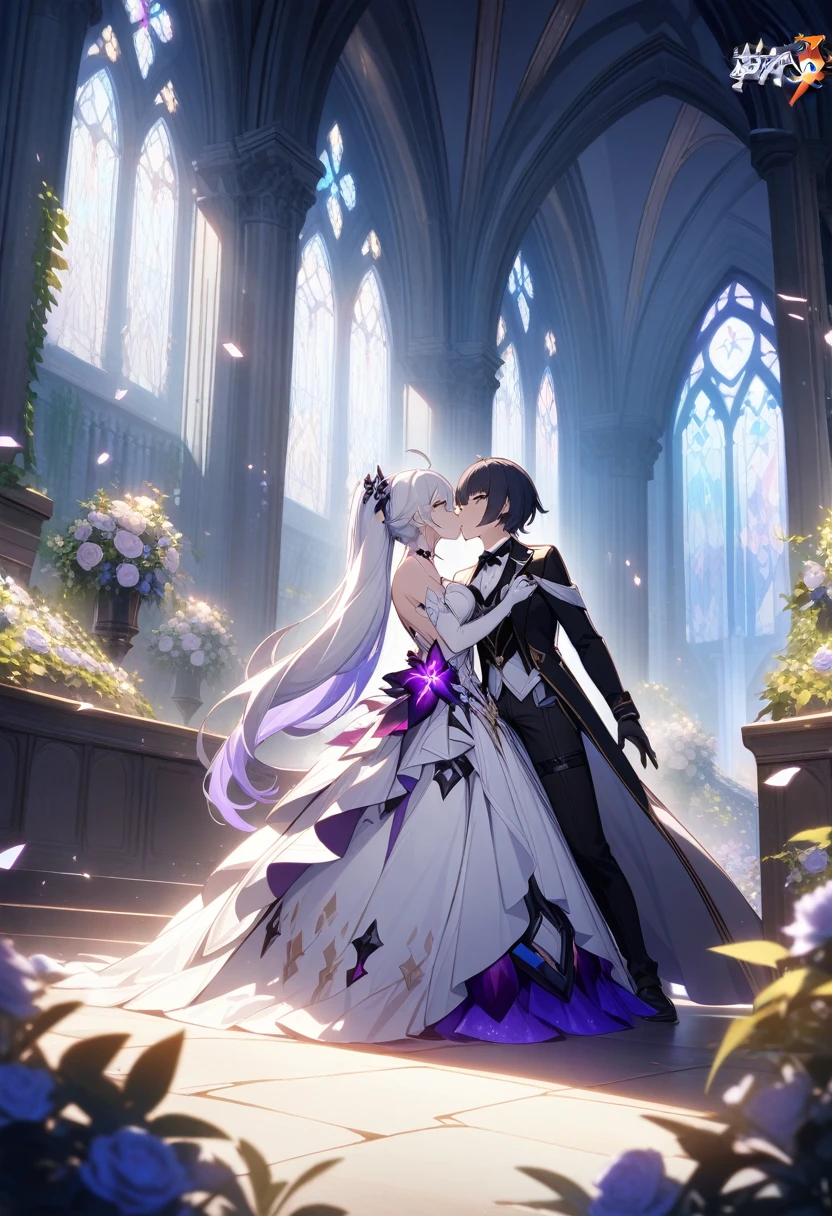 a beautiful detailed yuri scene of 2girls, Kiana Kaslana \(Herrscher of Finality)\ and Raiden Mei \(APHO)\, (Honkai Impact 3rd), very long hair, ponytail, in a scenic cathedral on their wedding day, both of them wearing a wedding dress, romantic atmosphere, happy, kiss, (best quality,4k,8k,highres,masterpiece:1.2),ultra-detailed, studio lighting, extremely detailed environment, vibrant colors, cinematic lighting