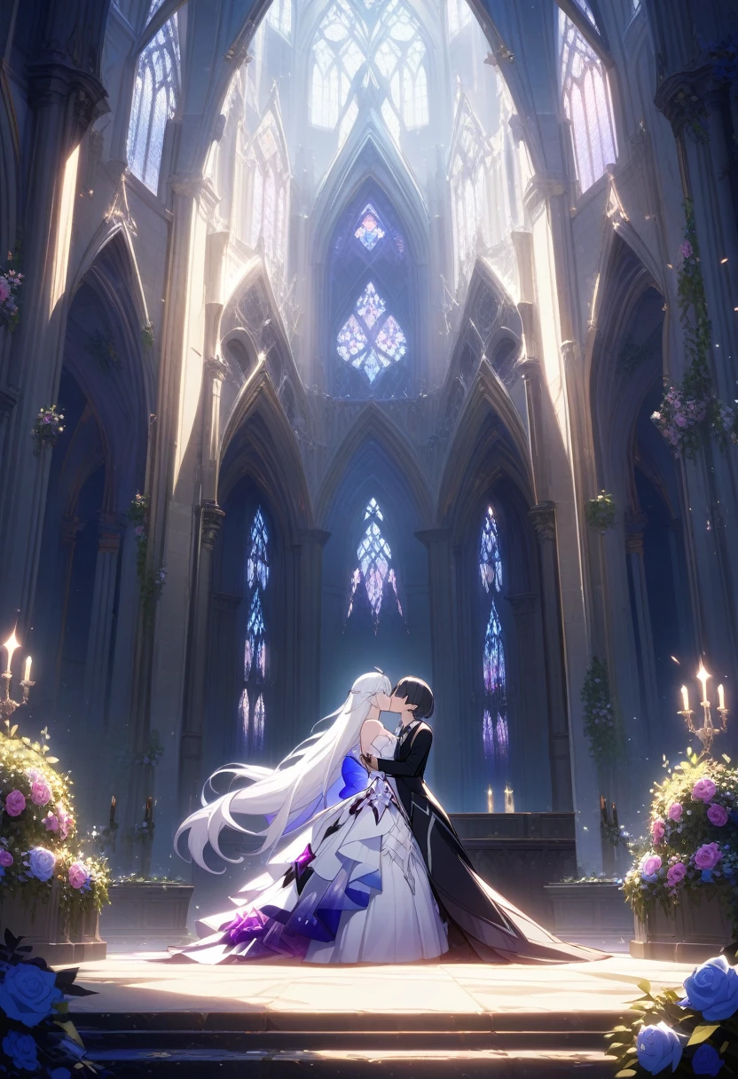 a beautiful detailed yuri scene of 2girls, Kiana Kaslana \(Herrscher of Finality)\ and Raiden Mei \(APHO)\, (Honkai Impact 3rd), very long hair, ponytail, in a scenic cathedral on their wedding day, both of them wearing a wedding dress, romantic atmosphere, happy, kiss, (best quality,4k,8k,highres,masterpiece:1.2),ultra-detailed, studio lighting, extremely detailed environment, vibrant colors, cinematic lighting