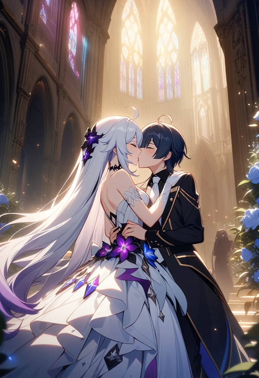 a beautiful detailed yuri scene of 2girls, Kiana Kaslana \(Herrscher of Finality)\ and Raiden Mei \(APHO)\, (Honkai Impact 3rd), very long hair, ponytail, in a scenic cathedral on their wedding day, both of them wearing a wedding dress, romantic atmosphere, happy, kiss, (best quality,4k,8k,highres,masterpiece:1.2),ultra-detailed, studio lighting, extremely detailed environment, vibrant colors, cinematic lighting