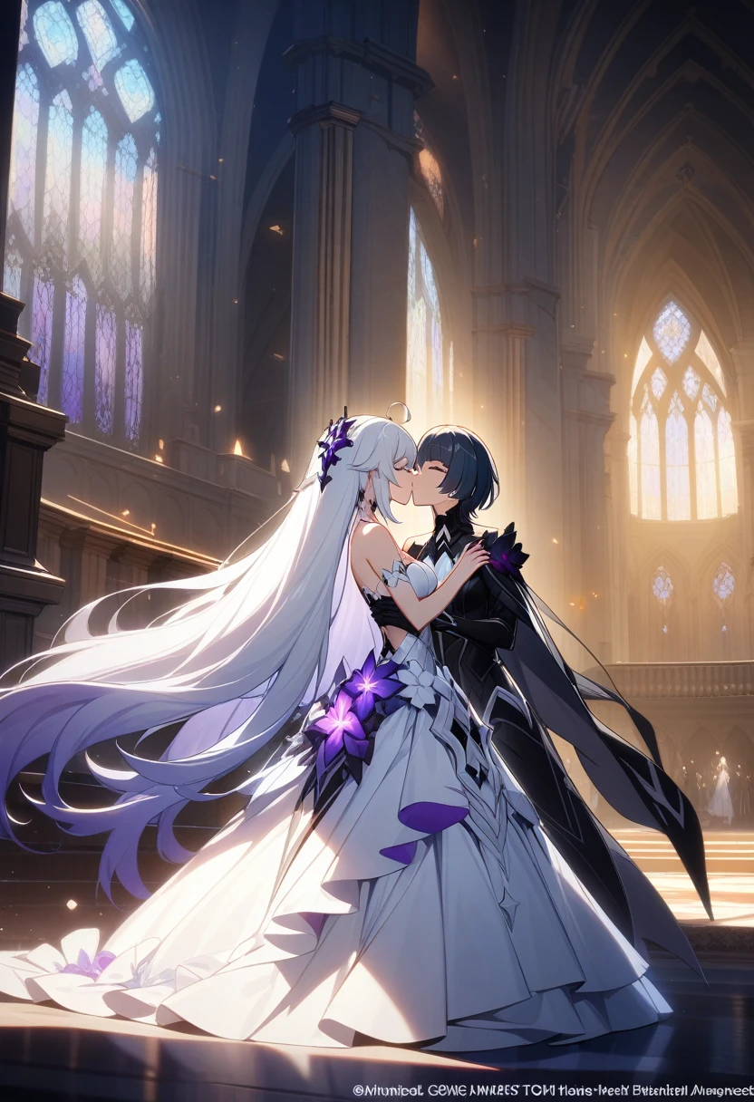 a beautiful detailed yuri scene of 2girls, Kiana Kaslana \(Herrscher of Finality)\ and Raiden Mei \(APHO)\, (Honkai Impact 3rd), very long hair, ponytail, in a scenic cathedral on their wedding day, both of them wearing a wedding dress, romantic atmosphere, happy, kiss, (best quality,4k,8k,highres,masterpiece:1.2),ultra-detailed, studio lighting, extremely detailed environment, vibrant colors, cinematic lighting