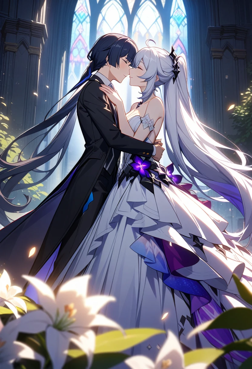 a beautiful detailed yuri scene of 2girls, Kiana Kaslana \(Herrscher of Finality)\ and Raiden Mei \(APHO)\, (Honkai Impact 3rd), very long hair, ponytail, in a scenic cathedral on their wedding day, both of them wearing a wedding dress, romantic atmosphere, happy, kiss, (best quality,4k,8k,highres,masterpiece:1.2),ultra-detailed, studio lighting, extremely detailed environment, vibrant colors, cinematic lighting