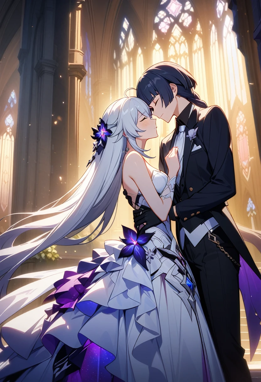 a beautiful detailed yuri scene of 2girls, Kiana Kaslana \(Herrscher of Finality)\ and Raiden Mei \(APHO)\, (Honkai Impact 3rd), very long hair, ponytail, in a scenic cathedral on their wedding day, both of them wearing a wedding dress, romantic atmosphere, happy, kiss, (best quality,4k,8k,highres,masterpiece:1.2),ultra-detailed, studio lighting, extremely detailed environment, vibrant colors, cinematic lighting