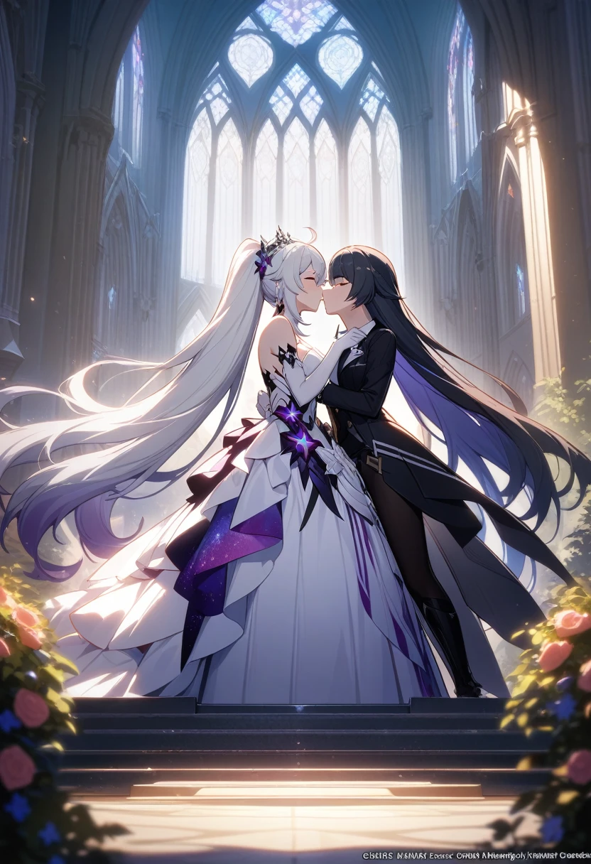 a beautiful detailed yuri scene of 2girls, Kiana Kaslana \(Herrscher of Finality)\ and Raiden Mei \(APHO)\, (Honkai Impact 3rd), very long hair, ponytail, in a scenic cathedral on their wedding day, both of them wearing a wedding dress, romantic atmosphere, happy, kiss, (best quality,4k,8k,highres,masterpiece:1.2),ultra-detailed, studio lighting, extremely detailed environment, vibrant colors, cinematic lighting