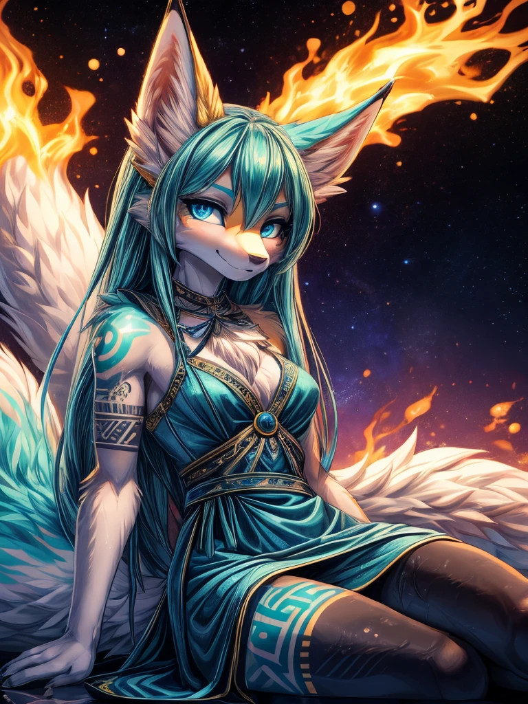 Miku Hatsune, Water&white, High Definition, kitsune ears, golden tattoo, tribal tattoo, mediolateral view sitting with legs closed, flirtatious look, deep blue eyes, magical aura, space kitsune, mystical aura, mystical aura, long fluffy tail, enhanced eyes add_detail:1, space fox, Galaxy Dress, wrapped in flames