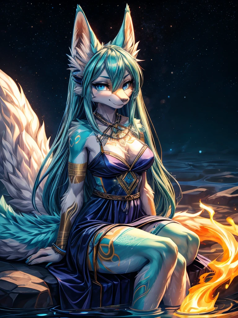 Miku Hatsune, Water&white, High Definition, kitsune ears, golden tattoo, tribal tattoo, mediolateral view sitting with legs closed, flirtatious look, deep blue eyes, magical aura, space kitsune, mystical aura, mystical aura, long fluffy tail, enhanced eyes add_detail:1, space fox, Galaxy Dress, wrapped in flames