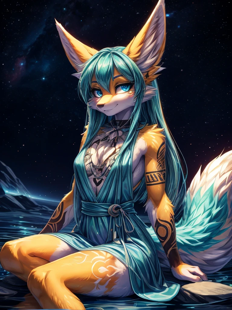 Miku Hatsune, Water&white, High Definition, kitsune ears, golden tattoo, tribal tattoo, mediolateral view sitting with legs closed, flirtatious look, deep blue eyes, magical aura, space kitsune, mystical aura, mystical aura, long fluffy tail, enhanced eyes add_detail:1, space fox, Galaxy Dress, wrapped in flames