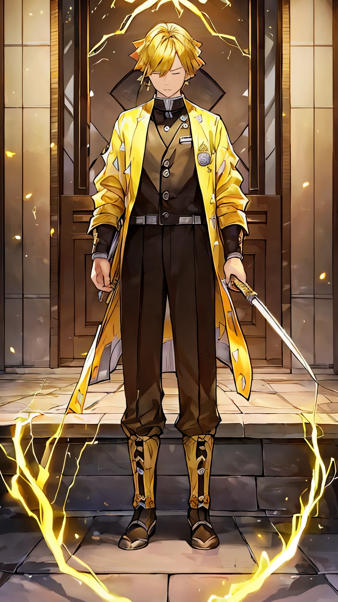 (((​master piece))),((Best Quality)),((((Town)))),Detailed,1boy,Solo,Resting, Yellow hair,Just a suit,Pants,Closed eyes,(((electricity))),katanas,holding swords,Bird, animal,animal on shoulder,hyperdetailed face