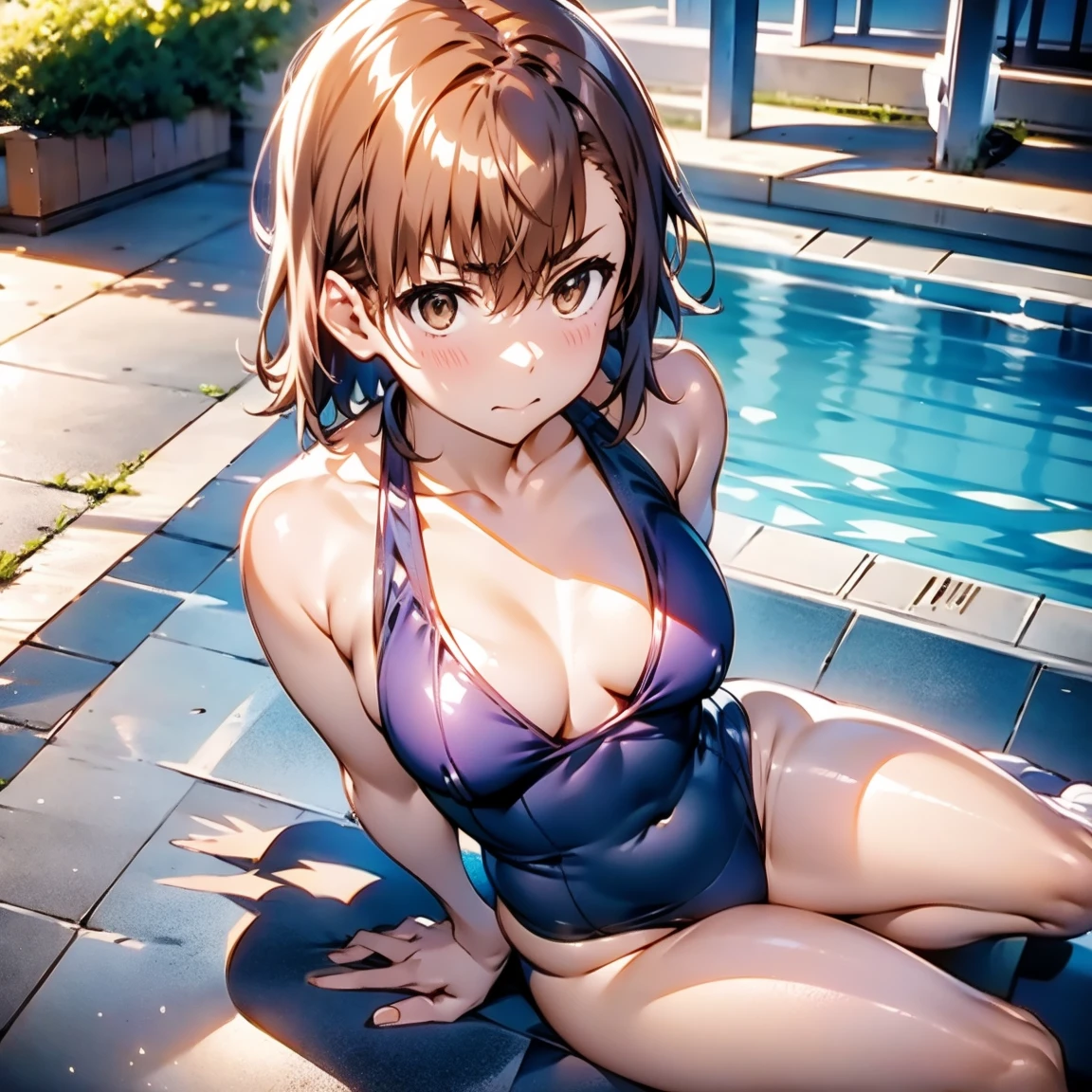 1. Female, alone, Ultra HD, Beautiful face in every detail, (Sit on the ground with your hands back:),  (Spread your legs as far as you can, Get down on one knee:), (Large Breasts), (Cleavage), Sunburned skin, smile, (Thin thighs:1.5),(tiny micro bikini swimsuit), Poolサイド, At night, (Green fine eyes), ((Perfect Anatomy:1.2,Realistic:1.3,Raw photo:1.3,masterpiece、Highest quality、Ultra - High resolution、High resolution、Extremely detailed CG、8K)),whole body,alone,18 year old beautiful girl, Japanese、((Beautiful and exquisite face and eyes:1.2,Big beautiful eyes:1.2)),Blonde,Very beautiful short hair,bangs,Medium chest, Visible nipples, Slender body,Small Head:1.5,skinny,(tan skin:1),(Oily skin,Glowing Skin,Shiny skin,Wet:1.5),(Navy blue leotard swimsuit、clavicle),Pool,Outdoor, Cute way to sit,Stretch your toes,Dynamic Angle, Crossdresser, Futanari, Boy, Large crotch bulge, Silicone Skin, Perky Breasts, Cinematic Lighting、