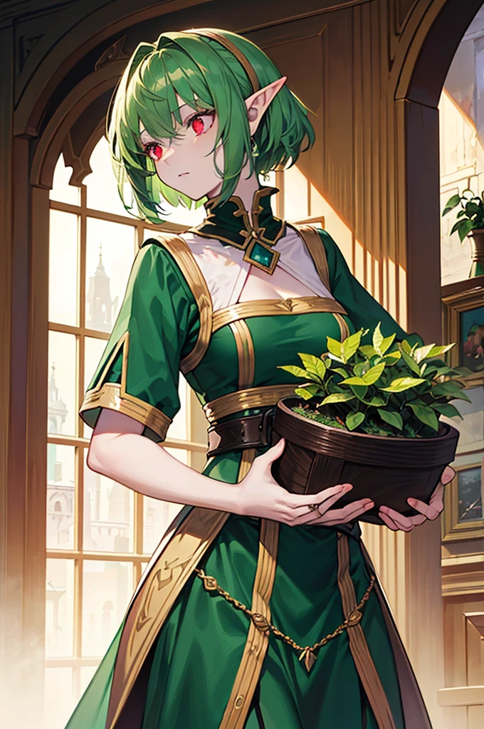 A female elf with bright green skin and dark green hair., that goes from dark to light green. He has striking red eyes and his skin tone is a beautiful shade of green... She is dressed as an adventurer and merchant., reflects your diverse skills and interests. The artwork must be of high quality and considered a masterpiece., Shows exceptional craftsmanship and detail..