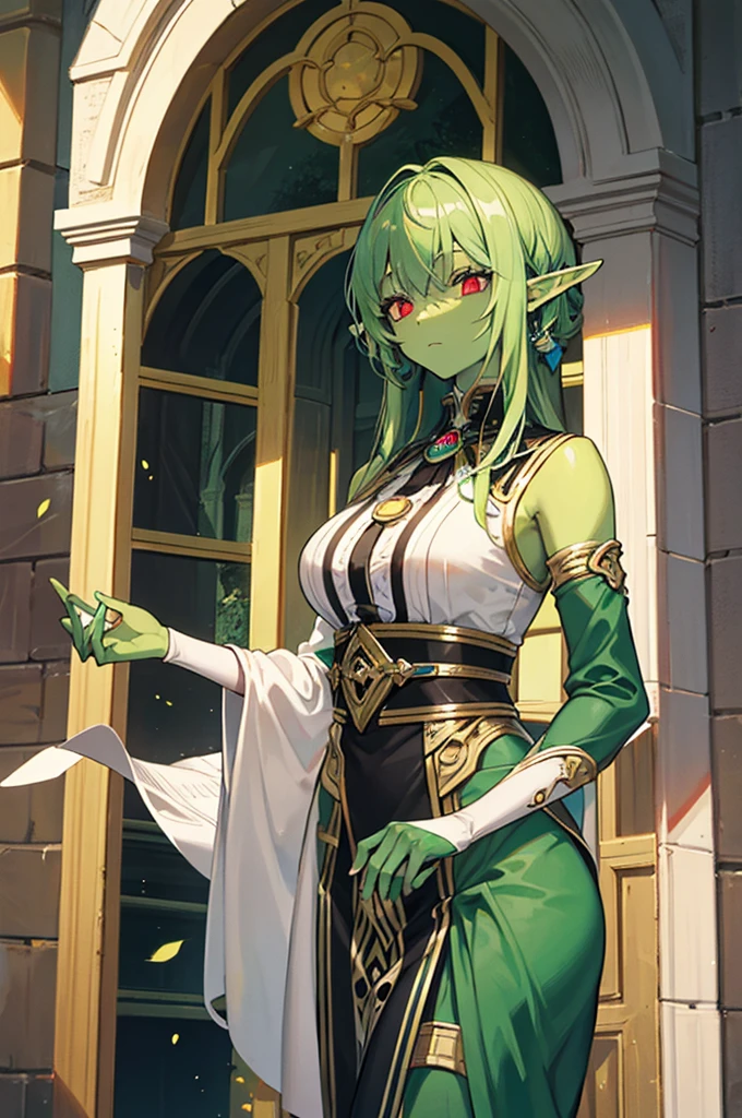 A female elf with bright green skin and dark green hair., that goes from dark to light green. He has striking red eyes and his skin tone is a beautiful shade of green... She is dressed as an adventurer and merchant., reflects your diverse skills and interests. The artwork must be of high quality and considered a masterpiece., Shows exceptional craftsmanship and detail..